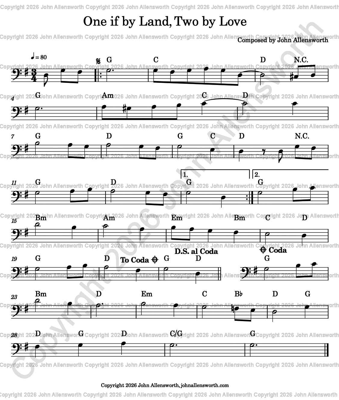 One if by Land, Two by Love, composed by John Allensworth, copyright 2026